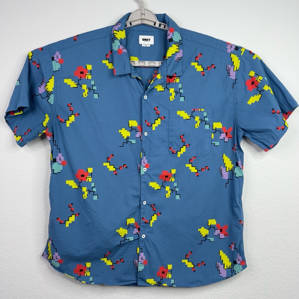 Obey Shirt Mens XXL Blue Pixelated Geometric Abstract Button Casual‎ Vacation
